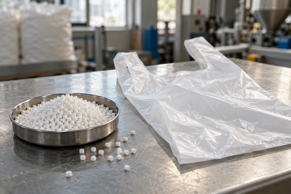 گرانول مستربچ سفید نایلکس در کنار کیسهٔ شیری HDPE